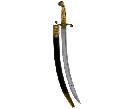 45.5cm sharply curved fullered blade, regulation brass hilt with recurved guard, lion's mask pommel, ribbed horn grip, contai