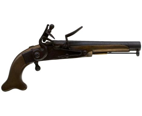7inch sighted barrel, stepped iron lock, full bronze stock with ram's horn butt and button trigger, steel ramrod.