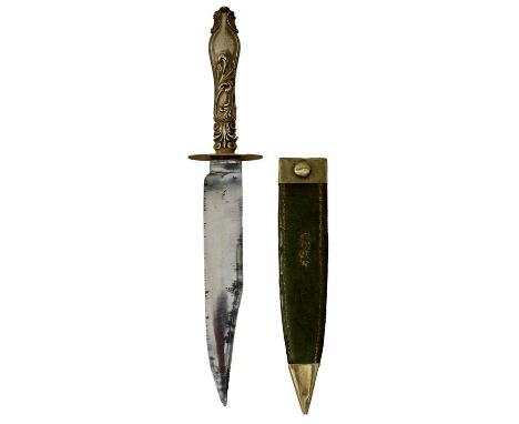 19cm plain blade retaining most of its original bright polish, cutlery type German silver hilt, contained in its red leather 