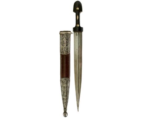 29.5cm blade with offset fullers and struck with a crescent and star mark at the forte, characteristic white metal hilt with 