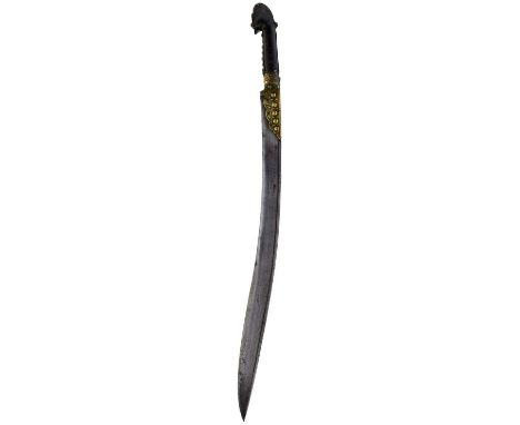 55.5cm fullered curving blade inlaid in yellow metals with trident forms and dated 1859, stipple embossed brass forte and hil
