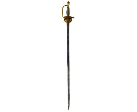 80.75cm fullered blade decorated with stands of arms, floral sprays and crowned GR cyphers, highlighted in gilt on a blued gr