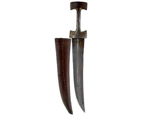29.5cm slightly curved blade with raised medial ridge and traces of gold damascene calligraphy at the forte, characteristic i