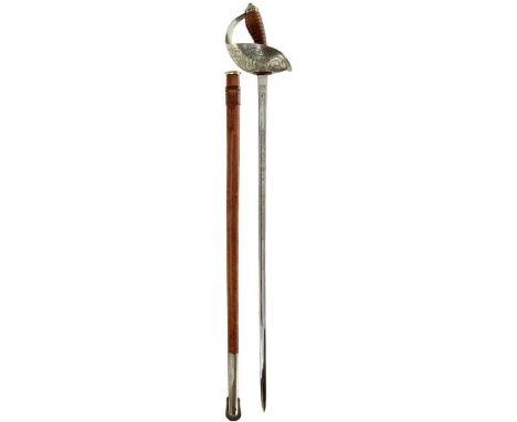 89.5cm blade poorly etched with scrolling foliage and crowned GVR cypher's regulation plated bowl guard, wire bound leather g