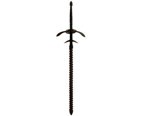 129.5cm broad wavy double edged blade deeply struck with a half-moon mark, forged with a pair of down-turned lateral blade ca