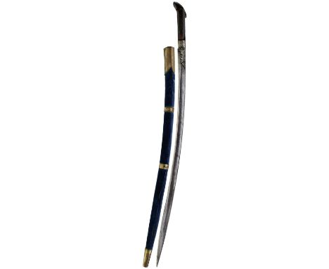 63cm curving slender blade incised with the date 1136 or 1724, characteristic T-form hilt with riveted horn grips, contained 