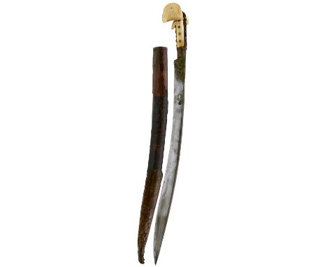 62.5cm curving fullered blade struck with a maker's mark and inlaid in silver with a geometric design to one side and a panel