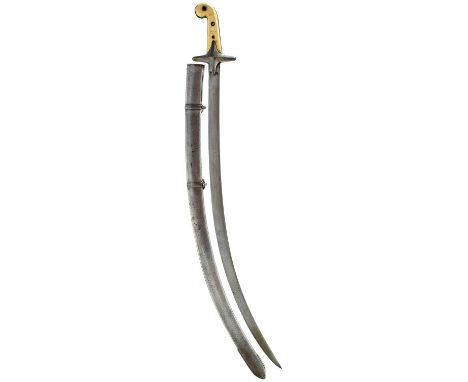 74.75cm sharply curved damascus blade, characteristic hilt with two-piece ivory grips with carved chevron decoration, contain