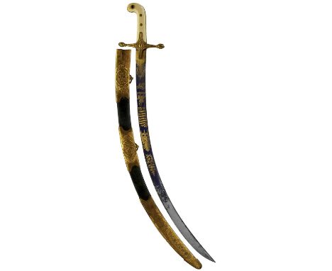 70cm unfullered blade etched and gilt on one side with scrolling foliage, the Royal Arms, "Battles of Cateau, Llerena, Salama