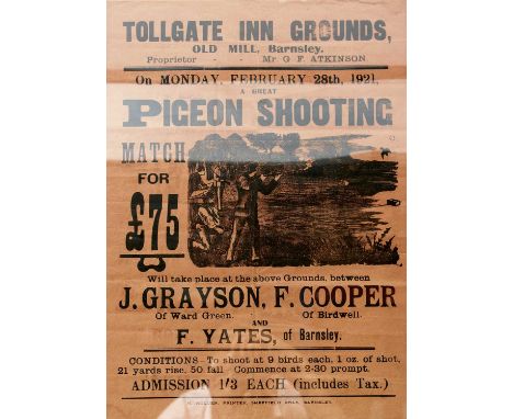 the orange coloured ground of 20 x 15 inches, promoting a live pigeon shooting match between Grayson, Cooper and Yates, dated