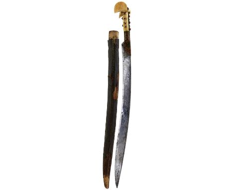 53cm fullered curving blade struck with a maker's stamp to one side, copper filigree forte and hilt set with coloured stones,