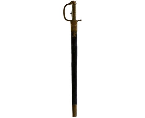 58cm blade, some staining, regulation brass hilt, in its tooled leather scabbard with brass mounts. Scarce with scabbard.