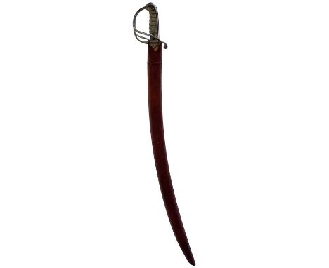 62cm curved fullered blade, regulation three-bar steel hilt, wire bound fishskin scabbard, contained in its Tulwar style scab