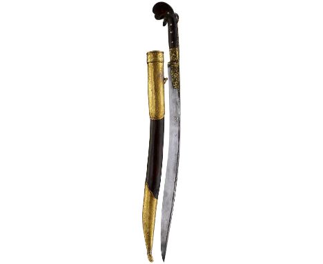 55.5cm fullered curving blade inlaid in silver with a geometric design to one side and a panel of calligraphy to the other, s