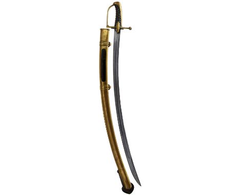 85cm curved blade, regulation brass hilt with D-shaped knuckle guard, wire bound leather grip, contained in its brass scabbar