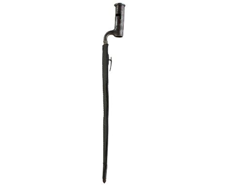 44cm blade stamped with a deep Crown over ‘4’ in its finely tooled black leather scabbard ‘GR’ marked. Leather sewn over chap