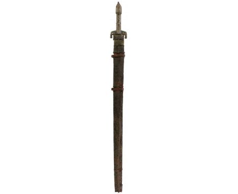 68cm triple fullered European style blade, later crude welded hilt, contained in its iron mounted leather wrapped wooden scab