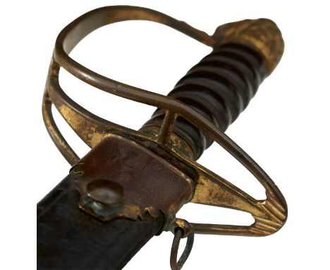 65cm curved double fullered blade, double edged towards the tip, characteristic slotted copper gilt hilt with D-shaped knuckl