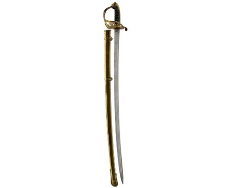 81.5cm curved pipe-backed blade with spear point, etched with crowned VR cyphers to either side and with a rubbed maker's pan