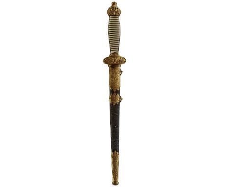 19cm flattened diamond section etched damascus blade decorated with floral sprays and anchors, gilt hilt, the crossguard deco