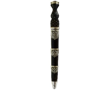 30cm blade, double edged towards the tip, regulation white metal mounted hilt, the carved basket weave wooden grip set with b