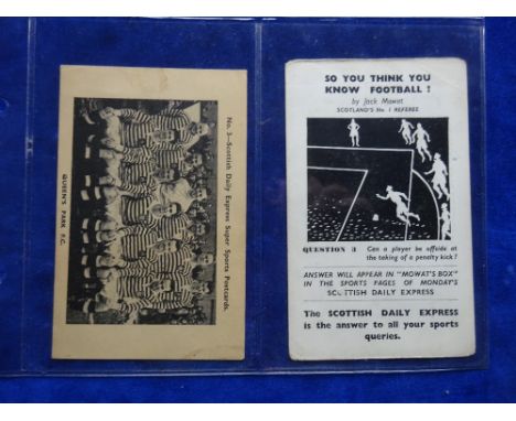 Trade cards, Football Queens Park, 2 items issued by Scottish Daily Express.  Super Sports Postcards no. 3 Queens Park Team &