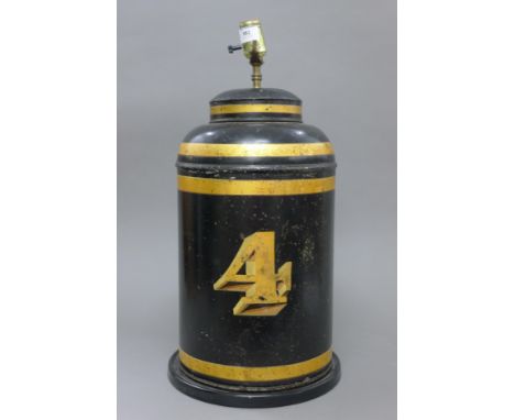 A toleware tea tin lamp. 54 cm high.