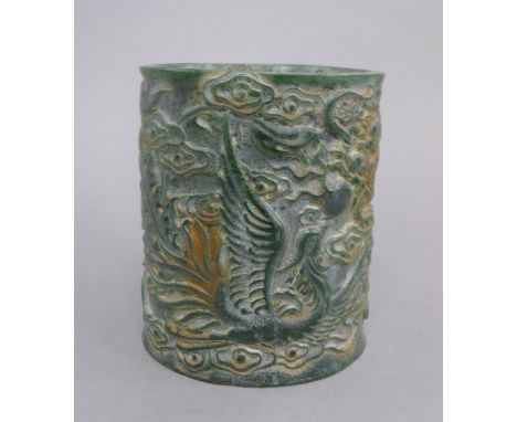 A Chinese carved jade brush pot. 15 cm high.