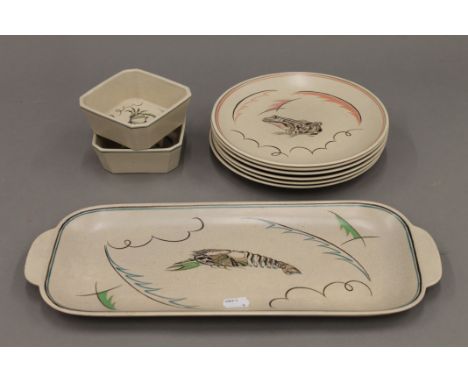 A 1950's Poole pottery set of six dessert plates, depicting individual marine creatures, a rectangular serving platter depict
