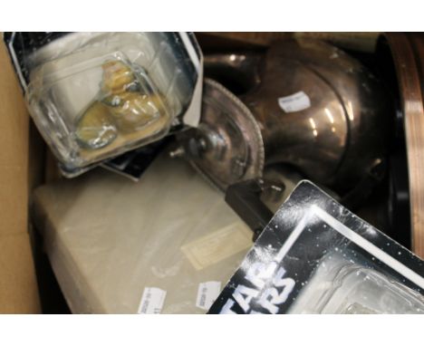A quantity of miscellaneous items, including Star Wars figures, a clock, metalware, etc.