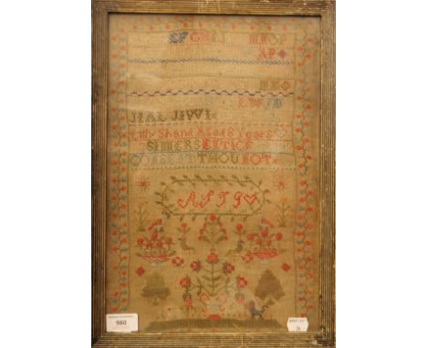 A 19th century sampler worked by Lilly Shand aged 8 years, framed and glazed. 30 x 43 cm overall.