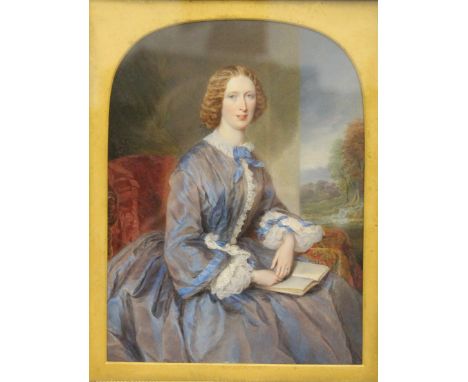 A 19th century cased miniature portrait of a young lady, framed and glazed. 16 x 21 cm.