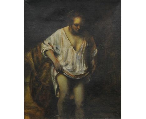 19TH CENTURY SCHOOL, A Portrait of a Wading Lady, oil on canvas, unframed. 38 x 46 cm.