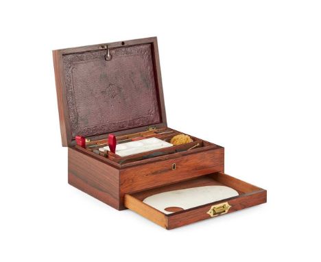 with satinwood banding, opening to a leather folio and fitted compartments containing various pigments and ceramic mixing tra