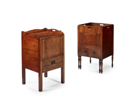 one with a three-quarter gallery and a sliding base with ceramic potty; the other with a tray top sliding panel and pull-out 