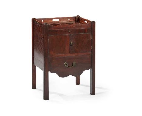 the tray top with diamond shaped cut-outs, above a frieze drawer, cupboard, and pull-out potty with ceramic liner56cm wide, 8