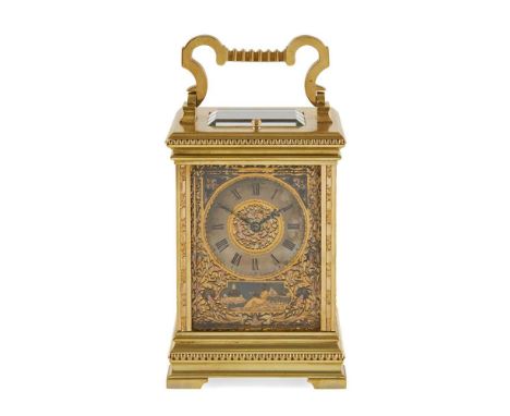 the silvered dial with Roman numerals in a three colour gold pierced mask, the side panels similarly decorated with figures o