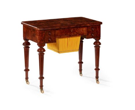 the quarter veneered top above an arrangement of drawers and sliding work box, on tapered legs with ceramic castors77cm wide,