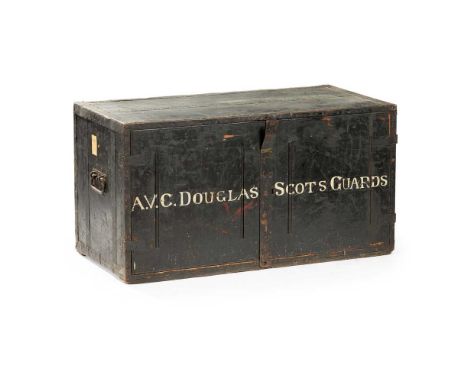 the twin doors enclosing a shelf, with carrying handles to either end, the front stencilled 'A.V.C DOUGLAS SCOTS GUARDS'105cm