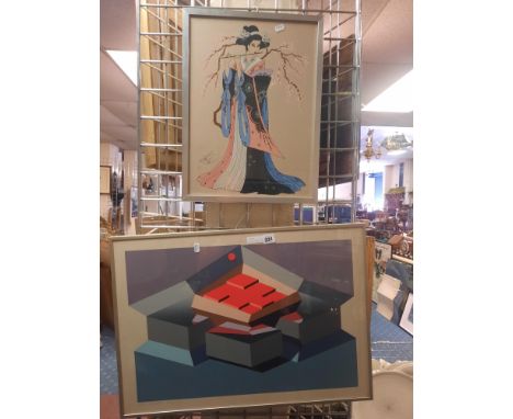 ABSTRACT GALLERY  STAMPED PRINT WITH EARLY WATERCOLOUR OF A GEISHA GIRL