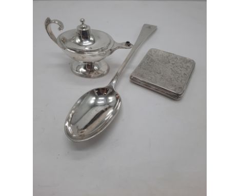 HM SILVER LADLE, CIGARETTE CASE &amp; A HM SILVER GENIE LAMP - APPROX 15 IMP OZ / 444 GRAMS