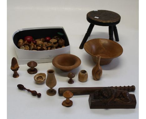 A collection of turned yew and other wood mushrooms and similar items, a carved wood ' Lion of Lucerne', 23cm a truncheon, tw
