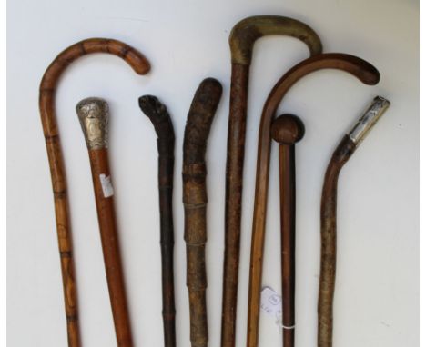 A lignum knobkerrie, 90cm, a silver mounted dandy cane and six other walking canes/sticks