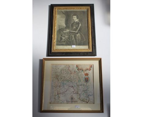 After Christopher Saxton (1540-1610) An engraved and coloured map of Oxfordshire, 28 x 30cm, framed and a Mezzotint portrait 