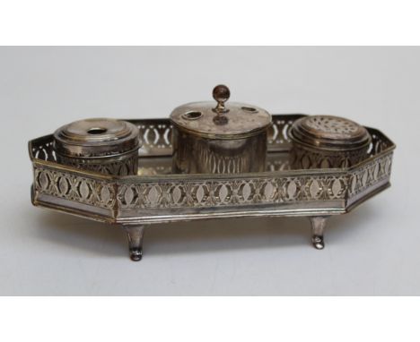Georgian silver plated inkstand featuring a double quill holder, an ink pot and sander