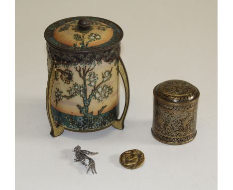 A mixed lot to include brass, Art Nouveau style badge featuring maiden with birds, unmarked, brass and engraved tobacco box, 