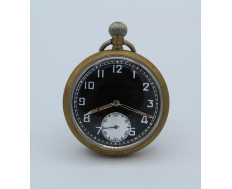 A British WWII military pocket watch c.1940 engraved with GS/TP p32921 and the broad arrow