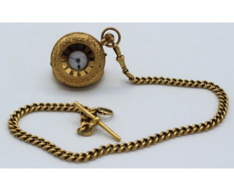 A Victorian 18 carat gold lady's half hunting cased fob watch, crown wind movement, London 1896, 3.5cm diameter. Suspended fr