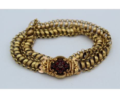 Indian gold choker legth necklace, 17cm, with later fitted garnet and gold clasp. Necklace tests at 18ct, clasp not marked, 1