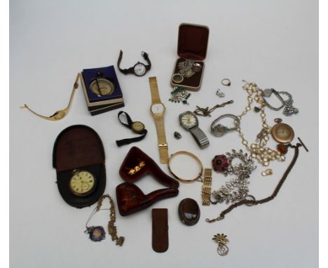 A small mixed parcel of dress jewellery, wrist and pocket watches, Meerschaum pipe and other wares